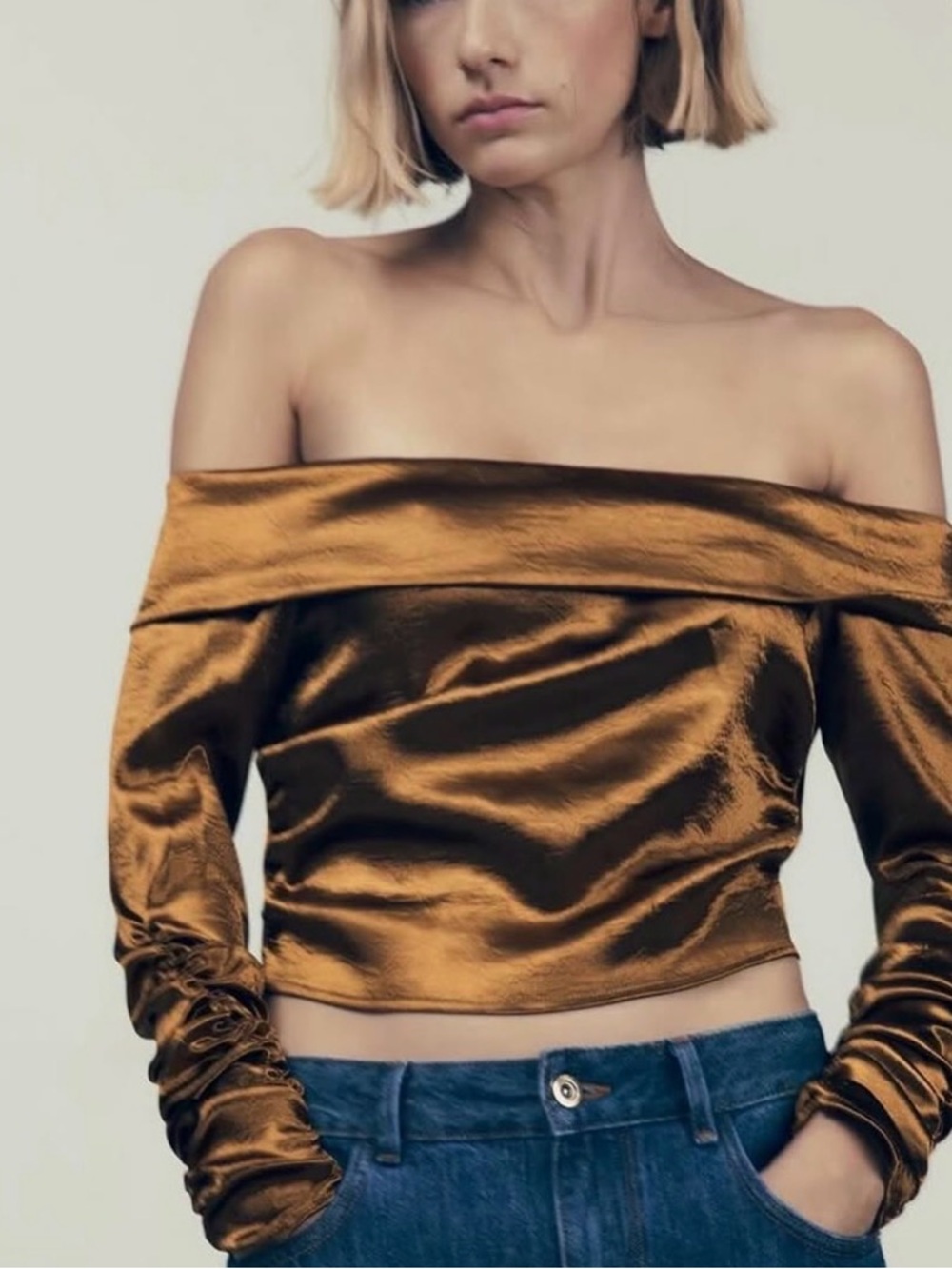 Zara Metallic Gold Satin Off-Shoulder Crop Top ruched